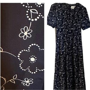 Vtg Bentley Novelty Daisy Navy Print Short Sleeves w/ Belt Blue & White Size 14